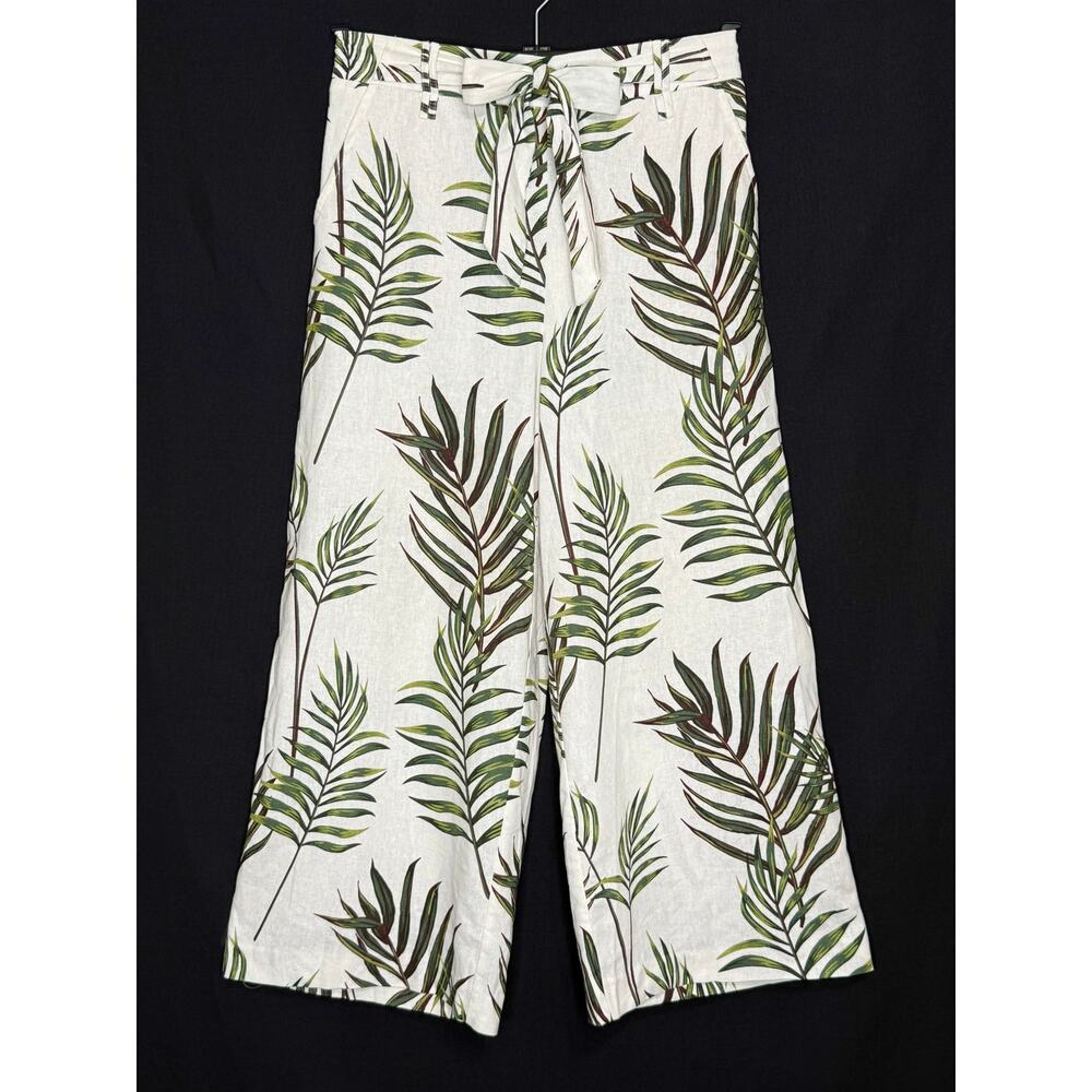 Joie Linen Blend Wide Leg Cropped Pants Size 4 Tropical Palm Leaf Leaves Pockets